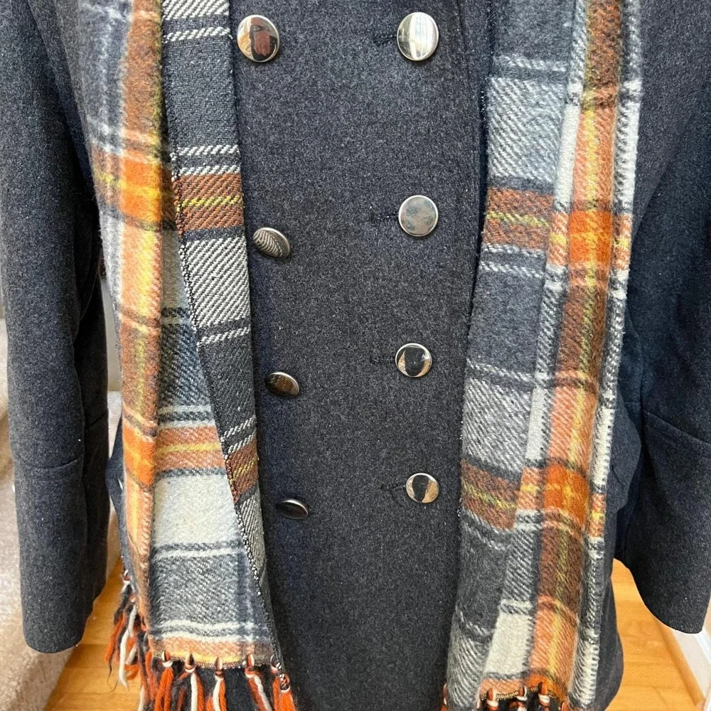 Vintage Womens Gray Double Breasted Plaid‎ Coat Scarf Size M Career Pea Coat